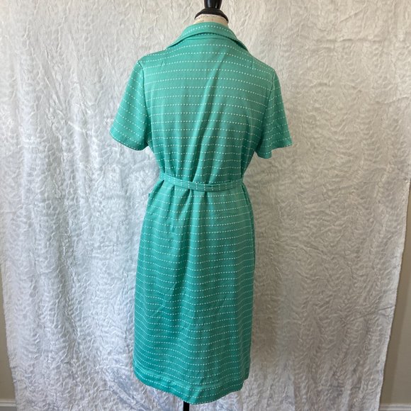Vintage 60’s Retro Teal Polka Dot Print Abstract Belted Midi Dress Frock - Picture 7 of 14